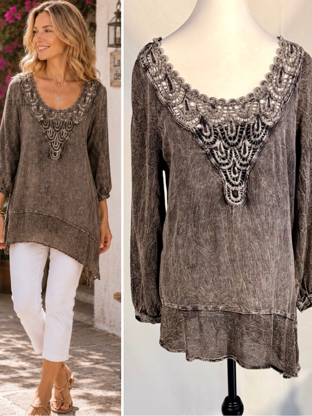 Soft Surroundings Mineral Wash Embellished Lace Trim Asymmetrical Tunic PS 💚